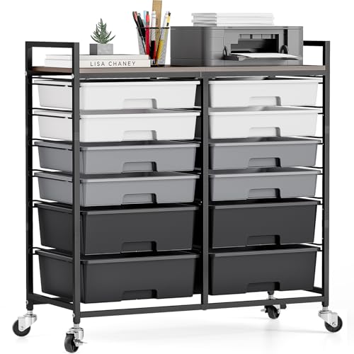 Rolling Storage Cart with 12 Drawers, Wooden Tabletop Utility Cart for Craft Storage, Art Supply Storage & Home Office Organization, Teacher Cart with Wheels for Classroom Organization, School (Grey) - color: Grey