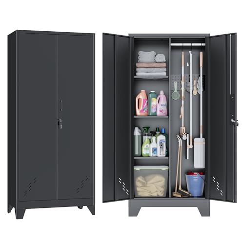 61" Metal Storage Cabinet with Lockable Doors, Cleaning Supply Cabinet with Pegboard and Hanging Rod. Garage Tool Storage Cabinets for Home, Laundry, Office, Home Kitchen Utility Cabinet - size: 61" Cabinet Black
