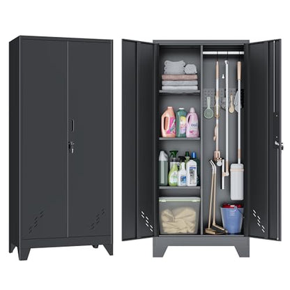 61" Metal Storage Cabinet with Lockable Doors, Cleaning Supply Cabinet with Pegboard and Hanging Rod. Garage Tool Storage Cabinets for Home, Laundry, Office, Home Kitchen Utility Cabinet - size: 61" Cabinet Black