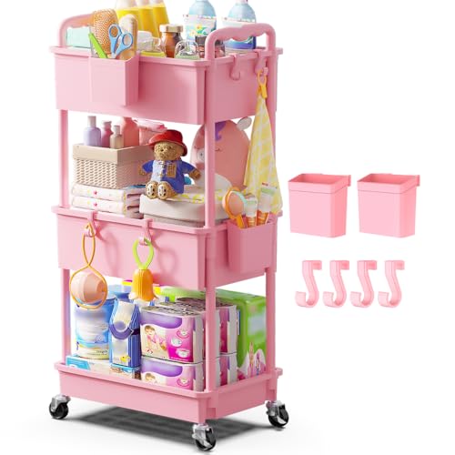 Goovilla Diaper Cart with Lockable Wheels and Easy Assembly, 3 Tier Pink Rolling Cart for Baby Nursery Storage, Sturdy Ample Diaper Caddy Organizer for Baby Girl, Boy, New Mom, Newborn Essentials - color: Pink