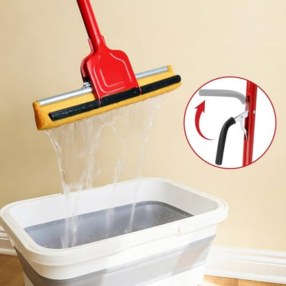 Cellulose Sponge Pop Up Sponge Mop with 2 Swop Roller Sponge mop Suitable for Wood, Ceramic Tiles and Other Flat Floors (1 Handle and 2 Heads with Bucket) (White red) - color: White Red