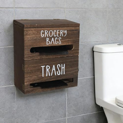 2 in 1 Trash Bag Dispenser, Double Wall Mounted,Wood Trash Bag Holder, used in kitchen, garage, laundry room, can store Environmentally friendly food bags and garbage bags(Dark Wood - color: Dark Wood/Large(10inch*5.5inch*12.2inch)