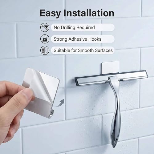 Stainless Steel Shower Squeegee 10 Inch with 2 Adhesive Hooks, Streak-Free Cleaner for Glass Shower Doors, Windows, Mirrors & Tiles