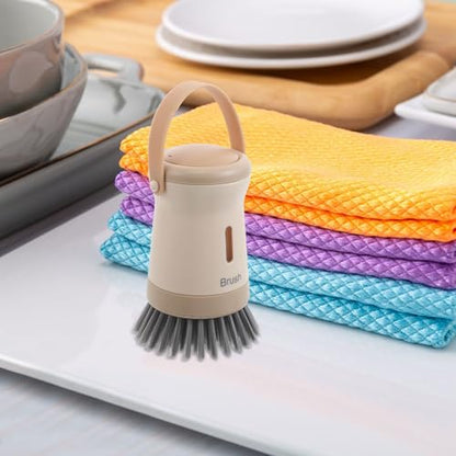 Homoyoyo Dish Scrubber with Soap Dispenser Kitchen Brush for Pots and Pans Cream Color Multi-use Liquid Dispensing Dishwasher Brush for Home Cleaning