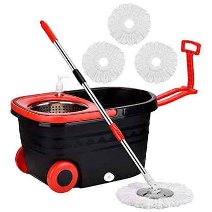 Mop and Bucket Set, 360° Spin Mop and Bucket with Wringer Set and 3 Microfiber Mop Refills, Stainless Steel 61'' Extended Handle Spinning Mop Bucket System for Floor Cleaning - color: Black-2