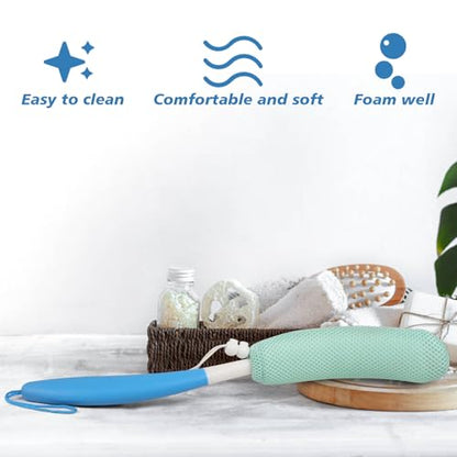 15.35" Back Bath Brush with Sponge,Back Scrubber Bath Mesh with Curved Long Handle Bath Body Brush for Elderly Aid Bathing and Shower - size: Black+Blue Handle