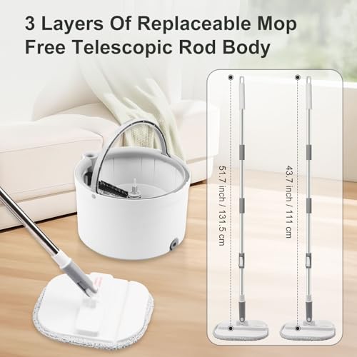 Mop and Bucket Set, Spin Mop and Bucket Set with Separation Dirty and Clean Water System Self Wringing Square Mop and Bucket with 3 Washable Microfiber Pads, Deep-Cleaning Mops for Floors