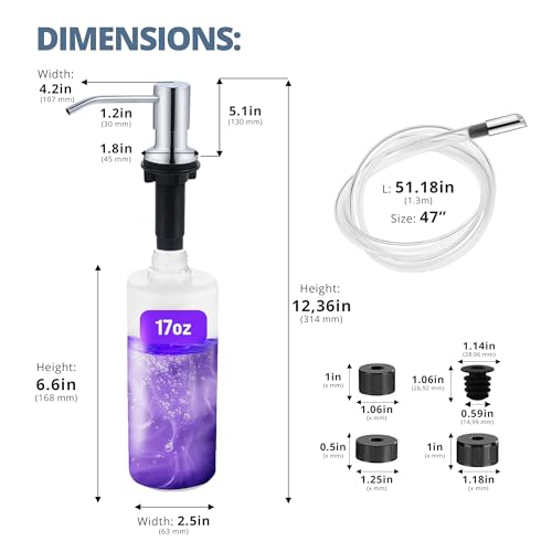 SBEN Built-in Kitchen Sink Soap Dispenser – Stainless Steel Pump, 17 oz Bottle and Extension Tube Kit 47", Upgraded Metal Check Valve, Countertop Hand Soap & Lotion Dispenser (Chrome) - color: Chrome