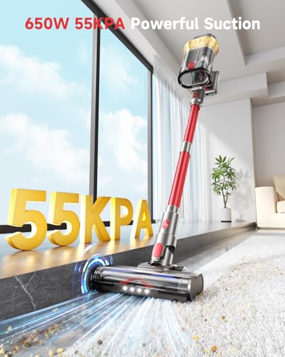 Cordless Vacuum Cleaner, 650W Powerful Suction Stick Vacuum, 75-Min Runtime & 2.5L Large Dust Cup, Anti-Tangle, Self-Standing, Lightweight Vacuum Cleaners for Home, Carpet, Hardwood Floor, Pet Hair