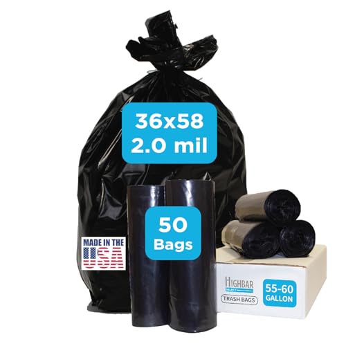Industrial Grade 50 Count Black Trash Bags, 55-60 Gallon, 2.0 Mil, 36 x 58, Extra Strength, Heavy Duty, Tear and Puncture Resistant, No Ears, Unscented, Durable, No Ties, Made in USA - style: 55-60 Gal, 2.0 Mil, 50 Count, Black