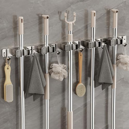 Wall-Mounted Broom Holder Stainless Steel Mop Storage Rack Laundry Room Storage Solution Suitable for Kitchens, Gardens,Garages (Option C: 5 clips with 6 hooks) - color: Option C: 5 clips with 6 hooks