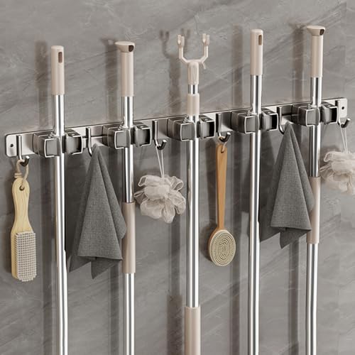Wall-Mounted Broom Holder Stainless Steel Mop Storage Rack Laundry Room Storage Solution Suitable for Kitchens, Gardens,Garages (Option C: 5 clips with 6 hooks) - color: Option C: 5 clips with 6 hooks