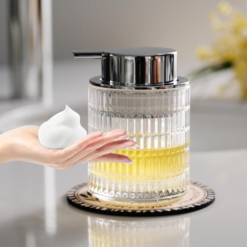 CICUFY Foaming Hand Soap Dispenser, Glass Foam Soap Dispenser or Lotion Dispenser for Kitchen & Bathroom Refillable Liquid Soap Dispenser with Large Silver Pump(Striped Pattern-Clear) - color: Clear-1 Pcs, style: Foam/Striped Pattern