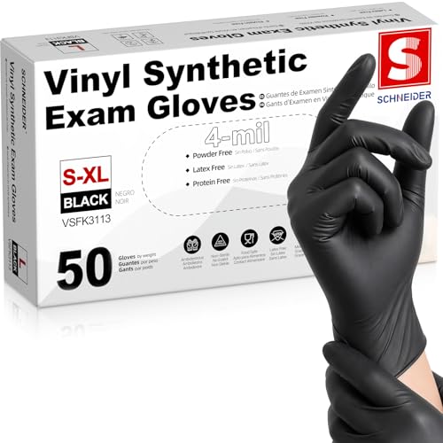 Schneider Vinyl Synthetic Exam Gloves, 4 Mil, Latex Free Disposable Gloves for Medical, Cooking, Cleaning, and Food Prep - color: 09 Black(small 50)
