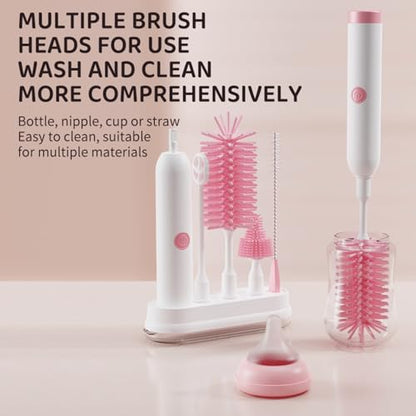 Rechargeable Electric Bottle Brush with Stand - 360° Spin Silicone Cleaner for Baby Bottles, Breast Pumps & Small Household Containers (Pink) - color: Pink