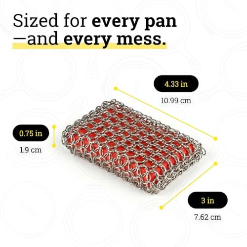 Lodge Chainmail Scrubbing Pad - Heavy Duty Stainless Steel Cast Iron Scrubber with Silicone Grip - Reusable Cleaning Pad for Cookware & Kitchen Essentials - Red | bike-oils