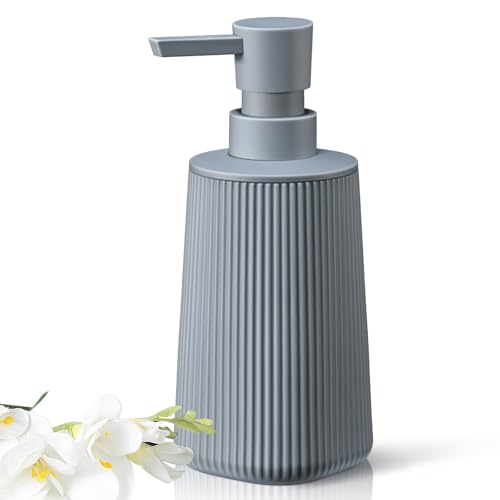 Gray Hand Soap Dispenser with No Rust Pump for Bathroom and Kitchen Countertops Refillable Striped Matte Plastic 8.5 oz - color: Gray