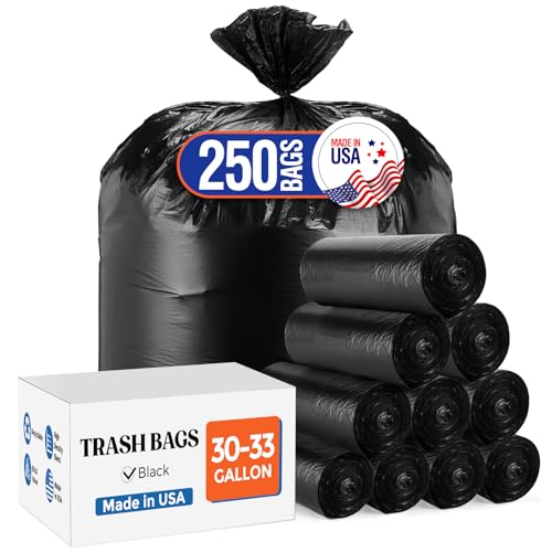 Delxo 30-33 Gallon Trash Bags, 250 Count – Medium Duty Garbage Bags, Thick, Durable & Puncture-Resistant Plastic Bolsas para basura, Perforated Design– Made in USA for Kitchen, Yard, Office (Black) - color: 33Gal-250Ct(Black)