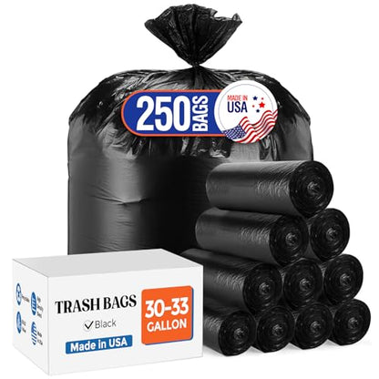 Delxo 30-33 Gallon Trash Bags, 250 Count – Medium Duty Garbage Bags, Thick, Durable & Puncture-Resistant Plastic Bolsas para basura, Perforated Design– Made in USA for Kitchen, Yard, Office (Black) - color: 33Gal-250Ct(Black)