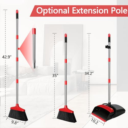 Broom with Dustpan Combo Set, 43” Long Handle Broom and Dustpan Set, Upright Standing Dust Pan for Home and Kitchen, Brooms for Sweeping Indoor（Black&Red）