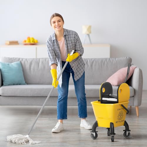 Heavy-Duty Mop Bucket with Press Wringer System for Efficient Floor Cleaning – Durable Plastic Cart Design with Smooth-Rolling Wheels