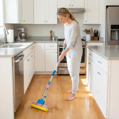 Sponge Mop with Extendable Stainless Steel Handle - Absorbent for Bathroom, Kitchen, Glass, Living Room Hardwood, Tile, Laminate Floors - Easy Lever Squeeze for Dry & Wet Floors