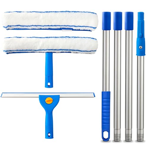 ARTIPOLY Squeegee for Window Cleaning, 14" Extra-Large Squeegee & Microfiber Scrubber Combi with 60" Stainless Steel Pole, Window Cleaning Kit for Shower Glass Mirror Door Car-2 Pads