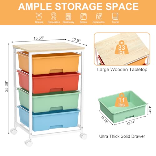 Utility-Rolling-Storage-Drawer-Craft-Cart-Organizer with 4 Drawers and Wooden Tabletop & Lockable Wheels for Home Office, Bedroom, Kids Room, Classroom, 4 Tiers Under Desk Drawer Cart, Macaron - color: Macaron