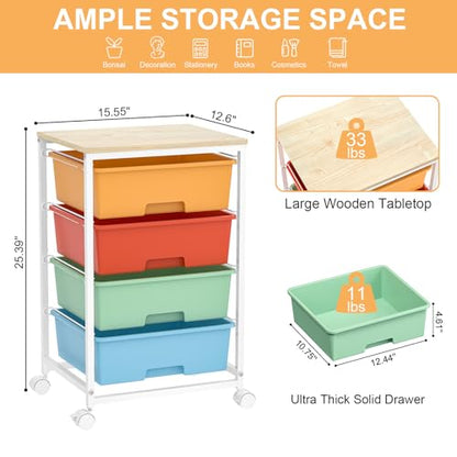 Utility-Rolling-Storage-Drawer-Craft-Cart-Organizer with 4 Drawers and Wooden Tabletop & Lockable Wheels for Home Office, Bedroom, Kids Room, Classroom, 4 Tiers Under Desk Drawer Cart, Macaron - color: Macaron