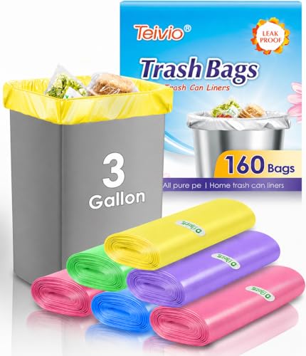 Small Trash Bags 3 Gallon 160 Count Strong Trash Bags Colorful Small Garbage Bags, Trash Can Liners for Bathroom Home Office Kitchen Bedroom, fit 5-10 Liter, 1,1.2,1.6,2,2.6,3 Gal,Multicolor - size: 1 Count (Pack of 160), style: 3Gal-Colorful-160pcs