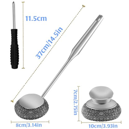 2Pcs Stainless Steel Wool Scrubber Sets, Dish Scrubber with Long Short Handle Stainless Steel Scrubber Cleaning Brush Metal Scrubber with Replacement, Steel Scrubber for Dishes Tableware Home Kitchen - color: 5pcs