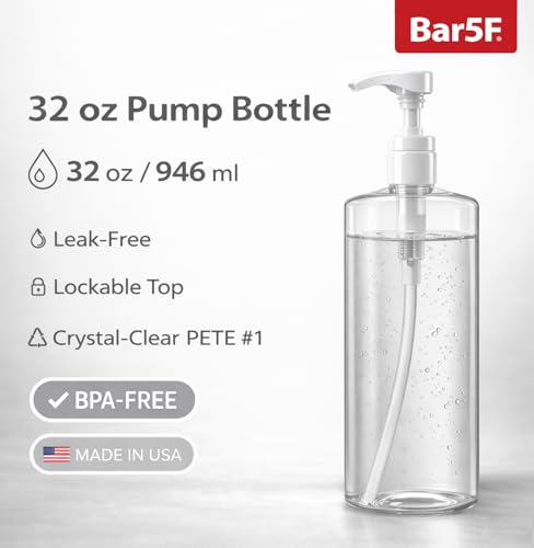 Bar5F Pump Bottle 32-Ounce 1-Liter Empty for Shampoo Conditioner Body Wash Lotion BPA-Free Crystal-Clear (Pack of 1) - size: Pack of 1