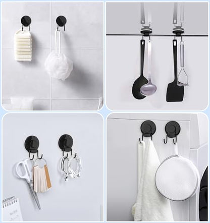 VIS'V Shower Suction Cup Hooks, Heavy Duty, Removable and Reusable, Double Hooks, Black, 2 Pcs