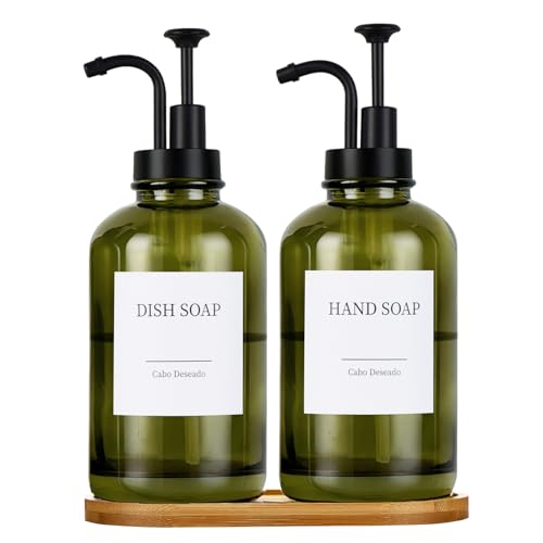 Glass Soap Dispenser with Pump, Dish and Hand Soap Dispenser for Kitchen Bathroom Set, Clear Glass Dispenser Set of 2 Pack with 18 Stickers Funnel Bamboo Tray 500ml 18oz Green - color: Glass Olive Green