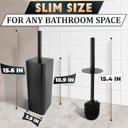 Black Toilet Brush and Holder Set - Slim Matte Design that Fits Anywhere - Stainless Steel Toilet Bowl Brush and Holder with 2 Rounded Corners, Replaceable Head, Removable Inner Bowl & Splash Guard - color: Black Squircle