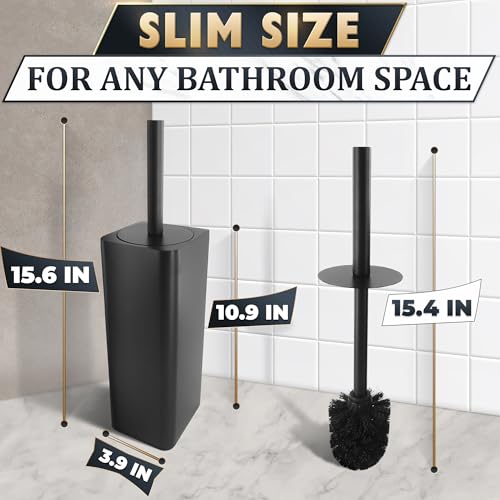 Black Toilet Brush and Holder Set - Slim Matte Design that Fits Anywhere - Stainless Steel Toilet Bowl Brush and Holder with 2 Rounded Corners, Replaceable Head, Removable Inner Bowl & Splash Guard - color: Black Squircle