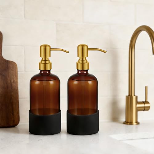 16 oz Hand and Dish Soap Dispenser Set for Kitchen and Bathroom, 500ml Amber Glass Soap Dispenser with Stainless Steel Golden Pump, Non-Slip Silicone Sleeves, Labels - 2 Pack - color: Amber With Golden Pump