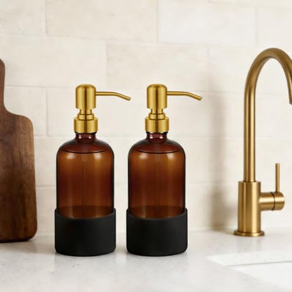 16 oz Hand and Dish Soap Dispenser Set for Kitchen and Bathroom, 500ml Amber Glass Soap Dispenser with Stainless Steel Golden Pump, Non-Slip Silicone Sleeves, Labels - 2 Pack - color: Amber With Golden Pump