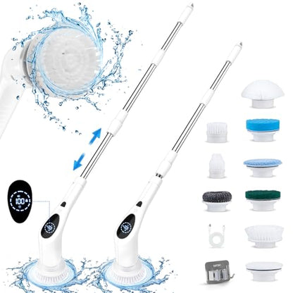Electric Spin Scrubber, Cordless 3 Speeds Cleaning Brush 430 RPM, Adjustable/Detachable Long Handle, Shower Scrubber for Bathroom, Car, Floor, Shower Cleaning Brush with 9 Replaceable Brushes (White)