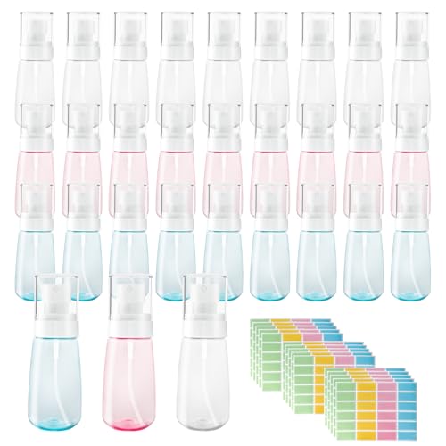 27 Pcs Travel Spray Bottle 60ml/2oz Leak Proof Fine Mist Spray Bottles Empty Mini Makeup Face Spray Bottle Clear Refillable Travel Containers for Perfume Cosmetic Essential Oil, 3 Color(360pcs Labels) - size: 27 Pcs - 2 oz