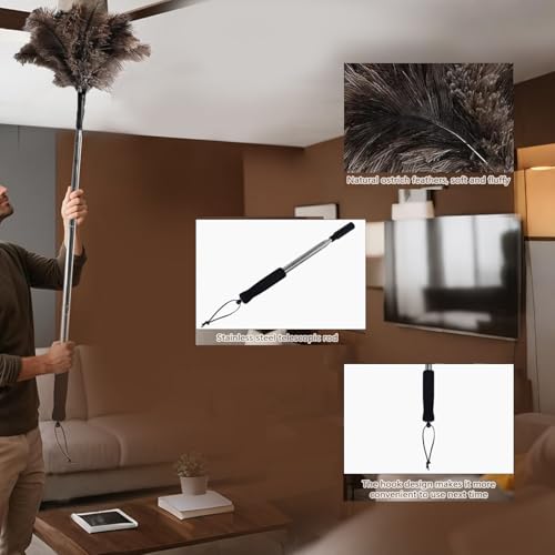 Telescopic Ostrich Feather Duster, 59-inch Naturally Fluffy Long-Handled Feather Duster, Soft, Durable and Reusable for Cleaning high Ceilings, Walls, Fans, Furniture and Blinds in The Home Office - color: Natural-d-1pcs