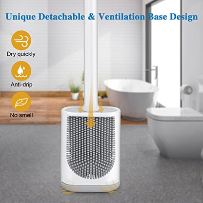 Silicone Toilet Brush and Holder Bendable Efficient Cleaning Wall Mounted Toilet Bowl Brush with Long Handle Brush Head and Silicone Bristles No Rusty Handles Problem (White) - color: White
