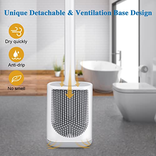Silicone Toilet Brush and Holder Bendable Efficient Cleaning Wall Mounted Toilet Bowl Brush with Long Handle Brush Head and Silicone Bristles No Rusty Handles Problem (White) - color: White