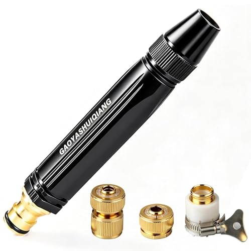 Garden Hose Nozzle Set for 1/2 Inch Hose, Adjustable Concentrated Spray Nozzle with 3 Universal Faucet Adapters, Heavy Duty Alloy Water Nozzle for Car Washing, Lawn Watering, Patio Cleaning