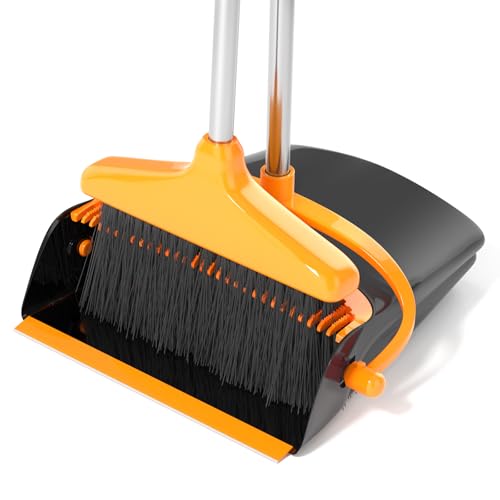 Broom and Dustpan Set for Home Long Handle (51" Length) Extendable Standing Dust Pan for Indoor Lobby Office Kitchen Cleaning (Black and Orange) - color: Black and Orange