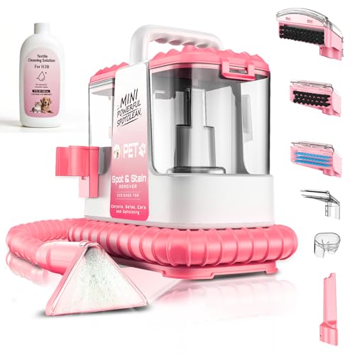 Portable Carpet & Upholstery Cleaner Machine for Pets, Powerful Suction Spot Cleaner for Couch, Sofa, Rugs, Stairs & Car Interior, Lightweight Deep Stain Remover with Cleaning Solution, Pink - color: Pink w/ Cleaning Solution