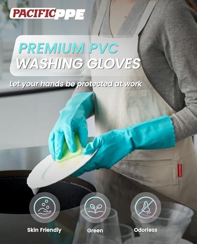 PACIFIC PPE 2 Pairs Reusable Dishwashing Cleaning Gloves with Latex Free, Cotton Lining, Kitchen Gloves, Green, Large - color: Green, size: Large (Pack of 2)