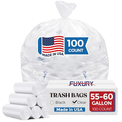Fuxury 55-60 Gallon Heavy Duty Trash Bags, 100 Count Clear Garbage Bags, 23 Mic Thick, 38x58 in, Star-Seal Bottom, Plastic Bags Ideal for Home, Yard & Commercial Use, Made in USA - color: 60Gal-100Ct(Clear)