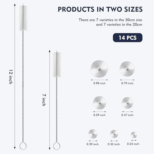 14 Pack Straw Cleaner Brush Set, 8 Inch and 12 Inch Multi-Size Flexible Nylon Cleaning Brushes, Rust-Proof Stainless Steel for Tumbler Cup, Sippy Cup, Water Bottle and Pipe