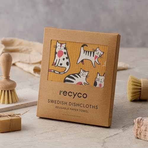 RECYCO Swedish Dishcloths for Kitchen | 6 Pack Cuddly Cats Washable Dish Rags | Cellulose Reusable Cleaning Paper Towels | Absorbent Counter Dish Cloth Sponge Kitchen Wipes, 8" L x 7" W - color: Cuddly Cats - 6 Pack